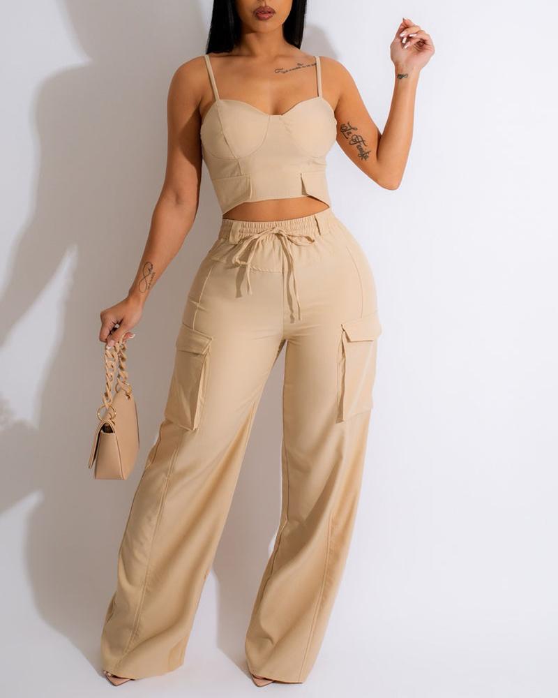 Crop Cami Top & Pocket Design Pants Set