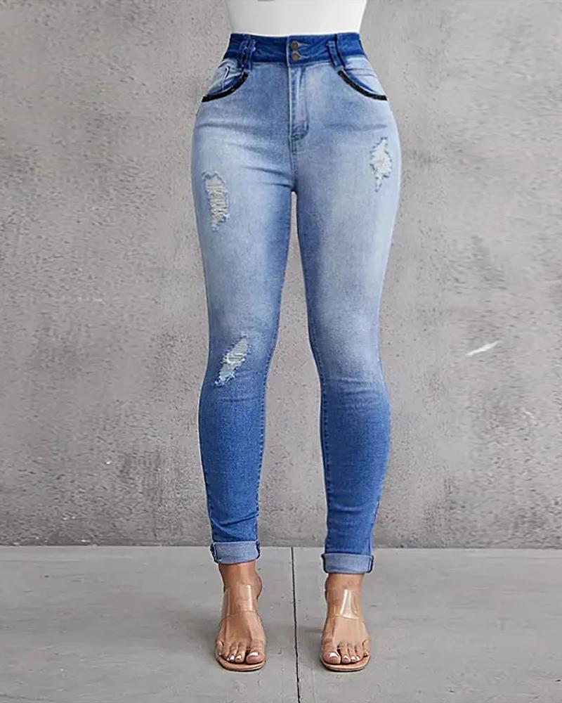 Zip Fly Ombre Ripped Skinny Jeans