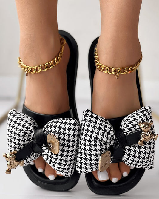 Houndstooth Bowknot Design Summer Slippers