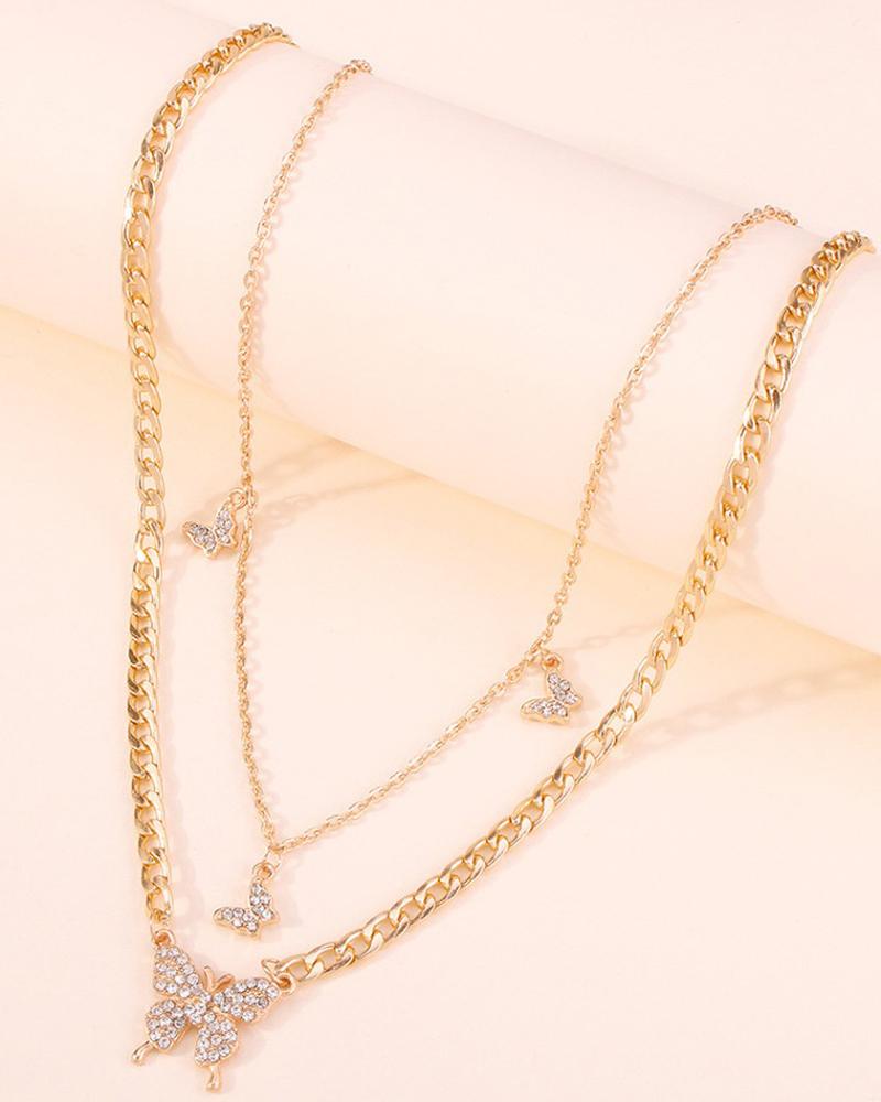 Multilayer Rhinestone Butterfly Pendant Chain Necklace