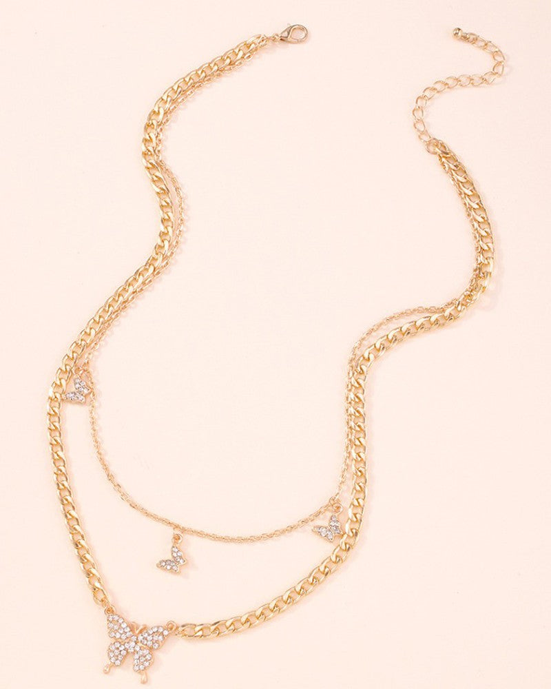 Multilayer Rhinestone Butterfly Pendant Chain Necklace