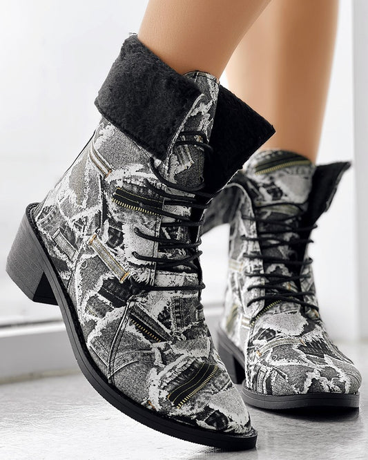 Denim Look Print Lined Chunky Heel Ankle Boots
