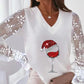 Christmas Wine Glasses Print Lace Sheer Mesh Top