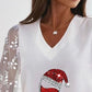 Christmas Wine Glasses Print Lace Sheer Mesh Top
