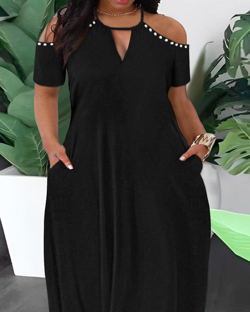Plus Size Cold Shoulder Pearls Decor Maxi Dress