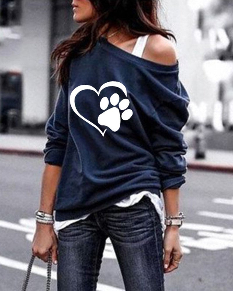 Paw Heart Print Long Sleeve Casual Sweatshirt