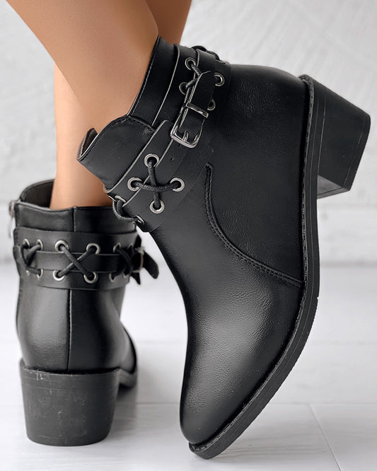 Eyelet Lace up Buckled Ankle Boots