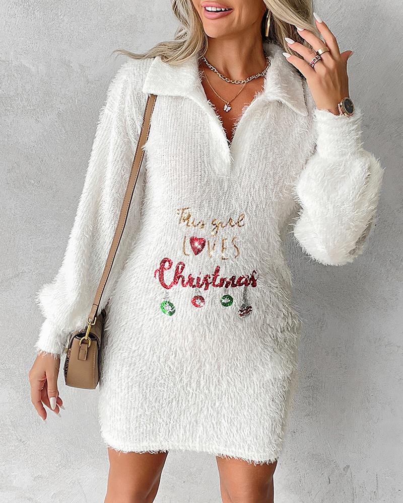 Christmas Letter Pattern Contrast Sequin Fuzzy Casual Dress