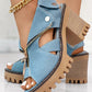 Denim Zipper Design Peep Toe Chunky Heels