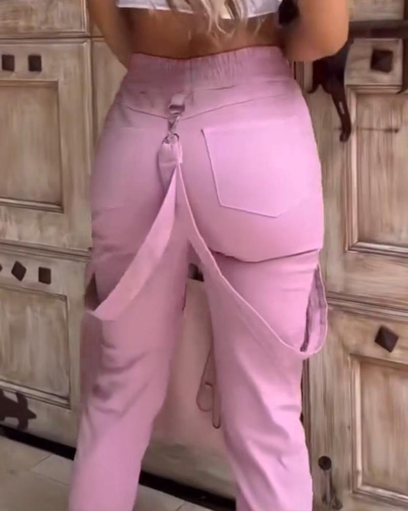 Pocket Design Cuffed Suspender Pants