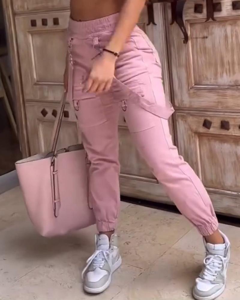 Pocket Design Cuffed Suspender Pants