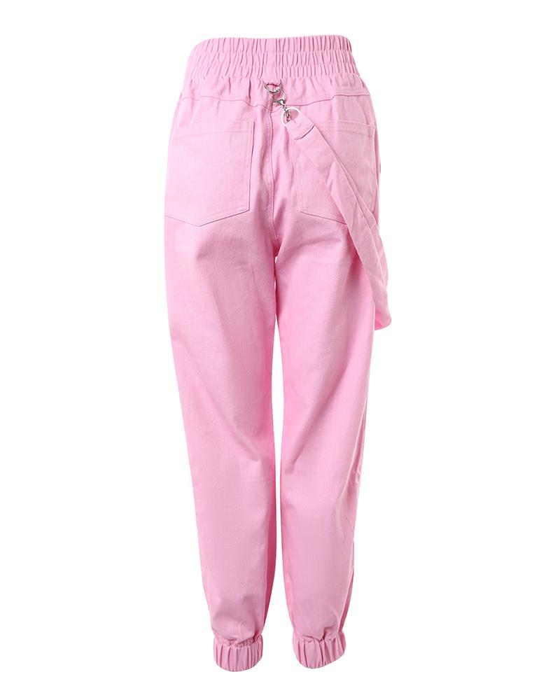 Pocket Design Cuffed Suspender Pants