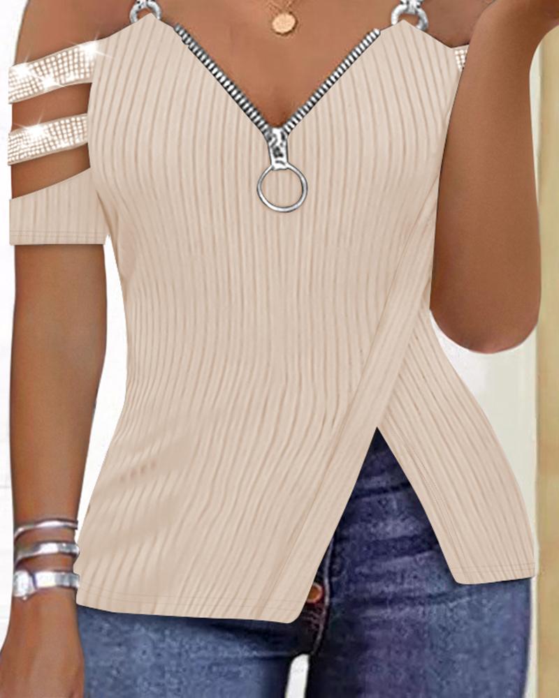 Rhinestone Decor Zip Detail Split Hem Cold Shoulder Top