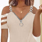 Rhinestone Decor Zip Detail Split Hem Cold Shoulder Top