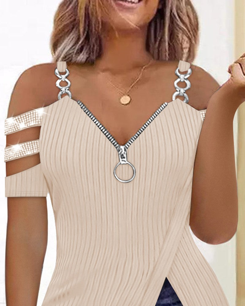Rhinestone Decor Zip Detail Split Hem Cold Shoulder Top