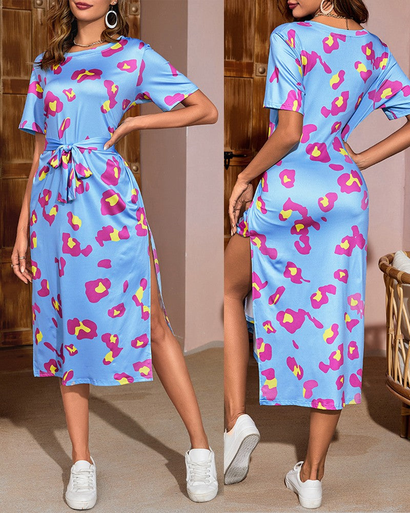 Pink Leopard Print Tied Detail Slit Casual Dress