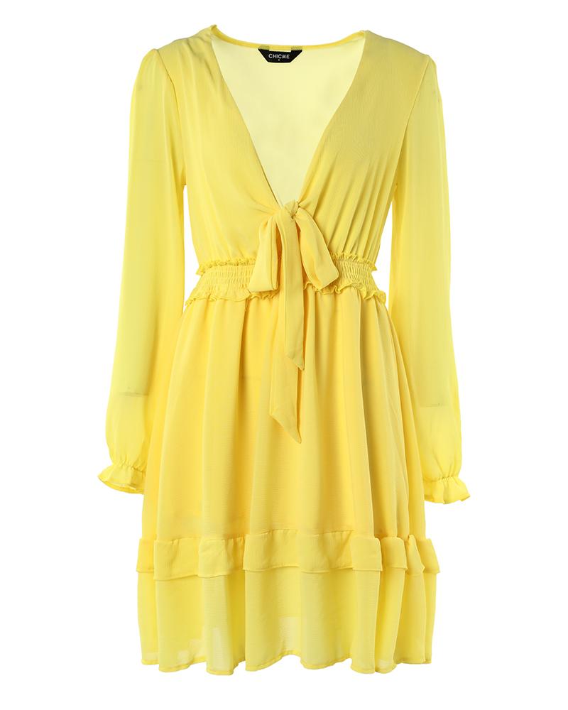 Bell Sleeve Layered Ruffles Tied Detail Dress