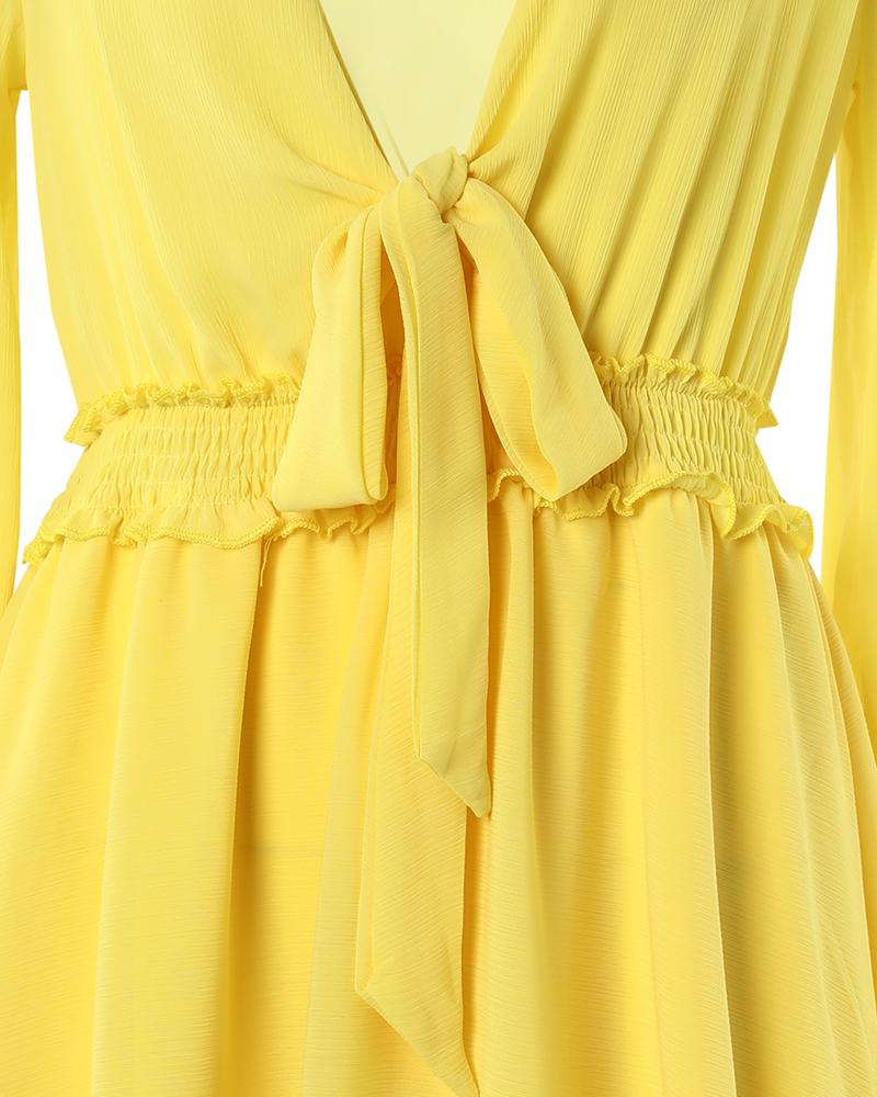 Bell Sleeve Layered Ruffles Tied Detail Dress