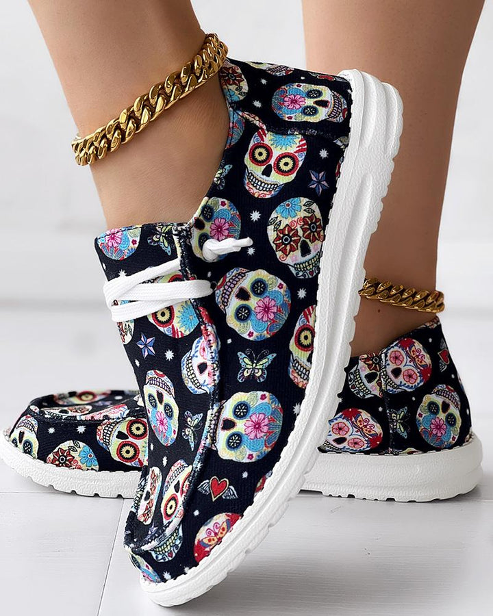 Skull Print Lace up Casual Slip On