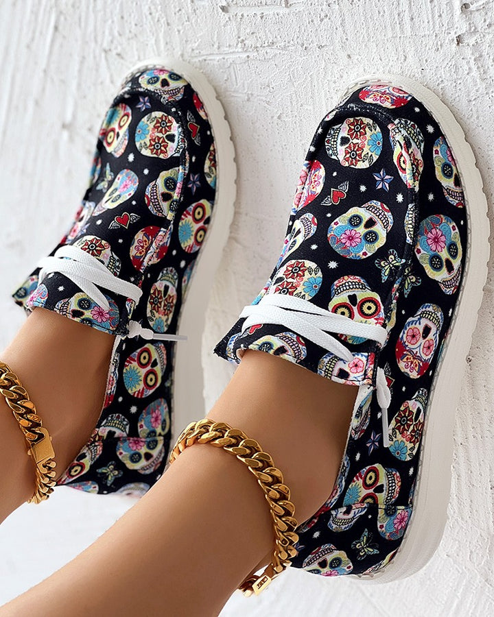 Skull Print Lace up Casual Slip On