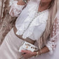 Contrast Lace Long Sleeve Ruffle Hem Top