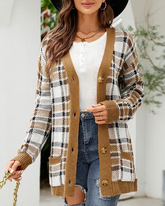 Constrast Paneled Plaid Pattern Buttoned Knit Cardigan