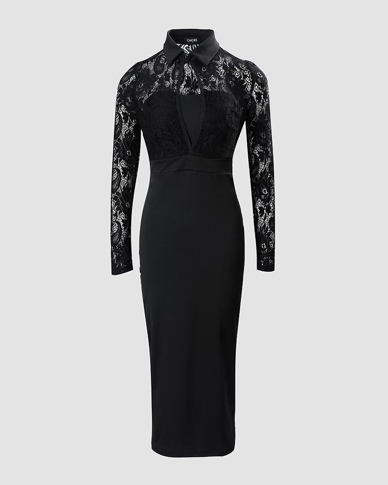 Contrast Lace Long Sleeve Cutout Bodycon Dress