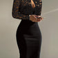 Contrast Lace Long Sleeve Cutout Bodycon Dress
