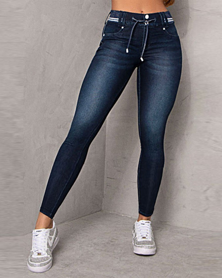 High Waist Drawstring Pocket Design Jeans