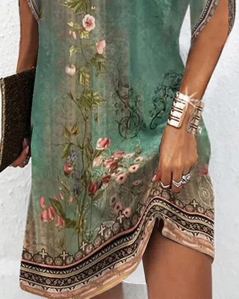 Floral Tribal Print Mock Neck Casual Dress