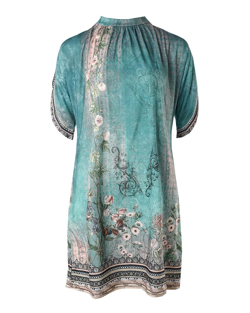 Floral Tribal Print Mock Neck Casual Dress