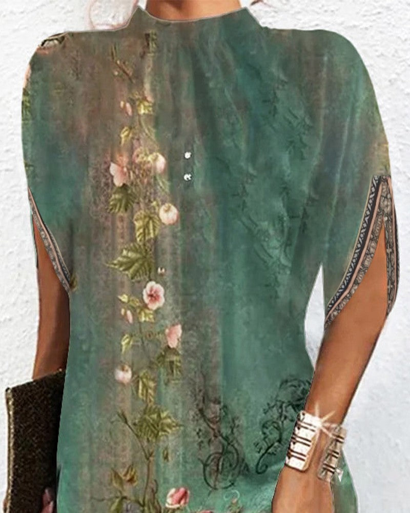 Floral Tribal Print Mock Neck Casual Dress