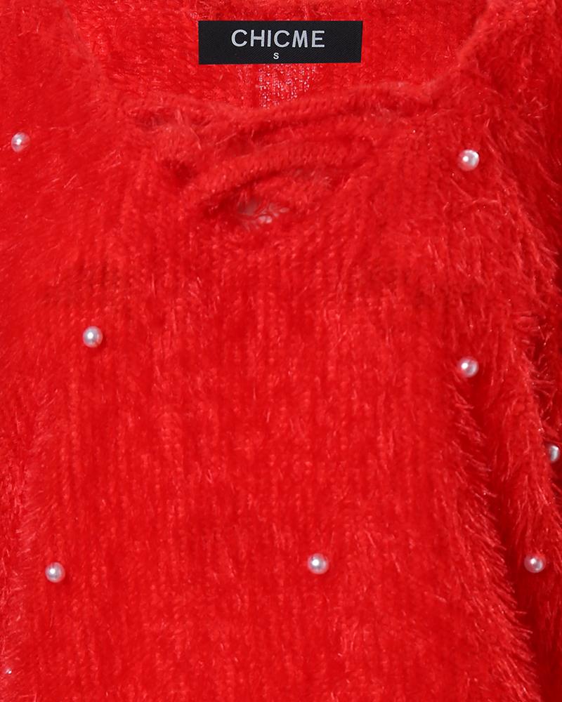 Beaded Decor V Neck Fluffy Casual Dress