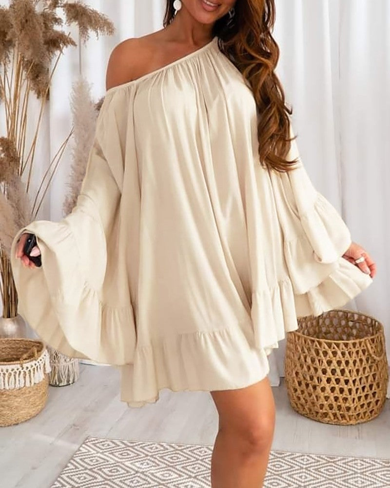 Bell Sleeve Ruffle Hem Casual Swing Dress