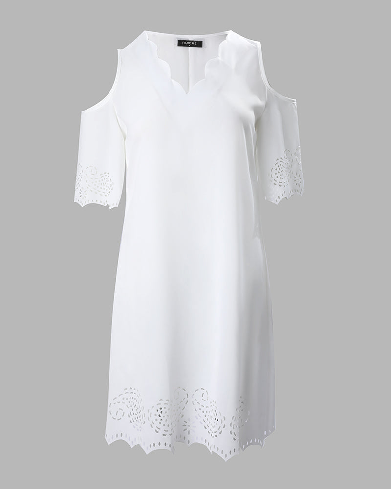 Hollow Out Scallop Trim Cold Shoulder Casual Dress