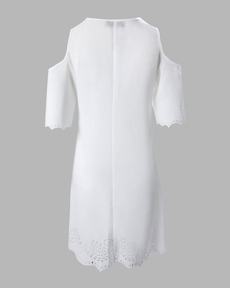 Hollow Out Scallop Trim Cold Shoulder Casual Dress