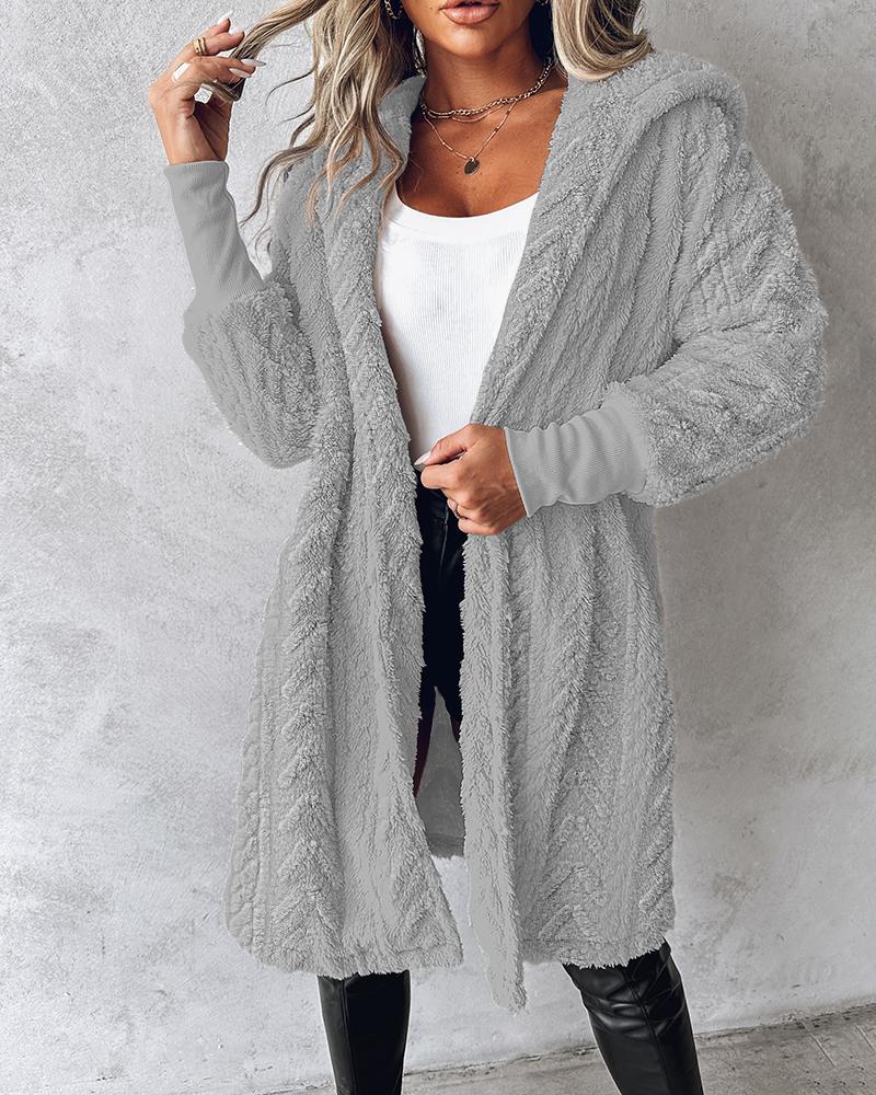 Fuzzy Textured Hooded Longline Fleece Coat
