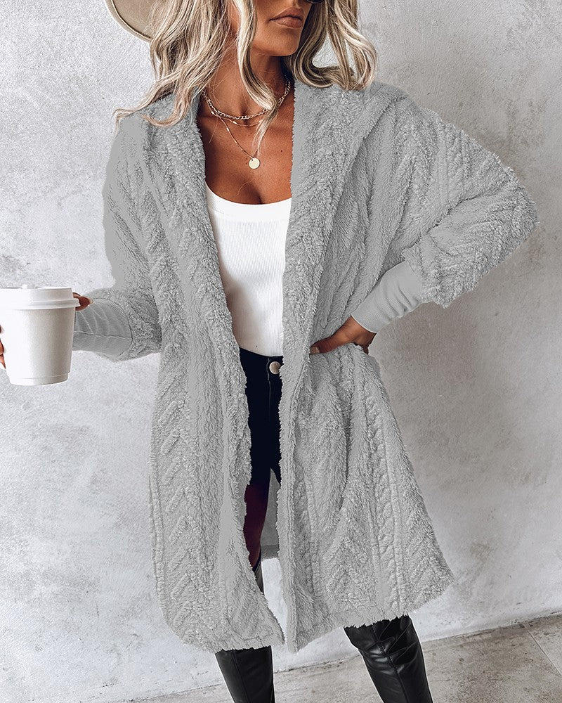 Fuzzy Textured Hooded Longline Fleece Coat