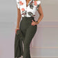 Tropical Print Flutter Sleeve Top & Pants Set With Belt