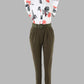 Tropical Print Flutter Sleeve Top & Pants Set With Belt