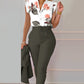 Tropical Print Flutter Sleeve Top & Pants Set With Belt