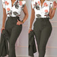Tropical Print Flutter Sleeve Top & Pants Set With Belt