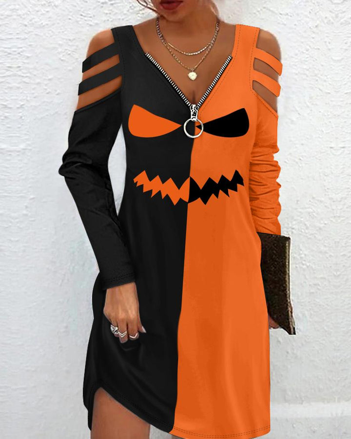 Halloween Scary Face Print Colorblock Cold Shoulder Dress