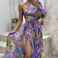 Lantern Sleeve One Shoulder High Slit Floral Maxi Dress