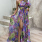 Lantern Sleeve One Shoulder High Slit Floral Maxi Dress