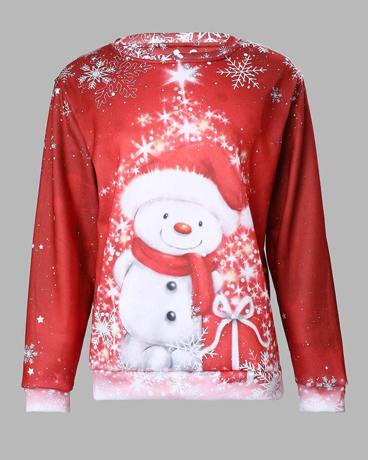 Christmas Snowman Print Long Sleeve Casual Top