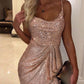 Cowl Neck Sleeveless Ruched Sequin Dress