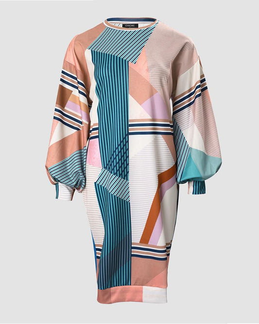 Plus Size Geometric Print Striped Lantern Sleeve Casual Dress