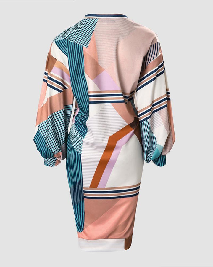 Plus Size Geometric Print Striped Lantern Sleeve Casual Dress