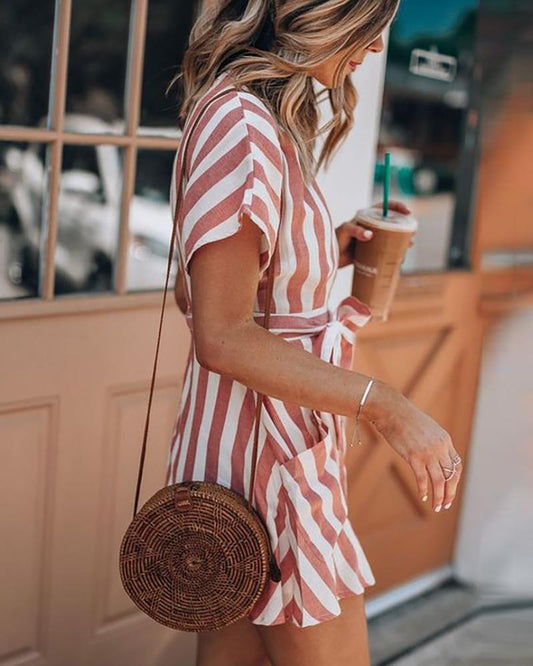 Striped Button Design Pockets Casual Dress